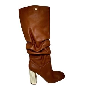 DEE‎ OCLEPPO Bethany Slouchy Leather Knee Boots Tan Size 7 Gold Heel NEW $417